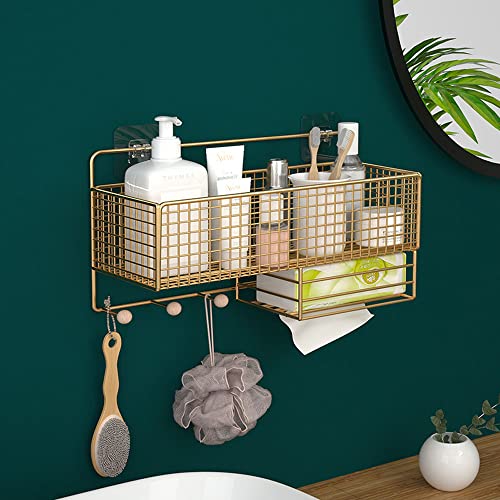 Shower Caddy Shelf with Hooks and Paper Rack Punch-free Bathroom Storage Rack Organizer No Drilling Wall Mounted Stainless Steel Shower Basket Storage Shelf (Golden)