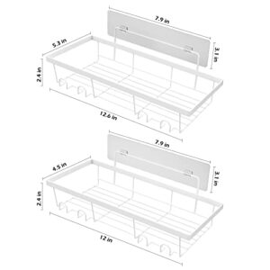 Durmmur 2 Pack Adhesive White Shower Caddy Organizer with Hooks, Rustproof No Drilling Wall Mounted Storage Shelf Rack for Inside Shower/Bathroom/Kitchen