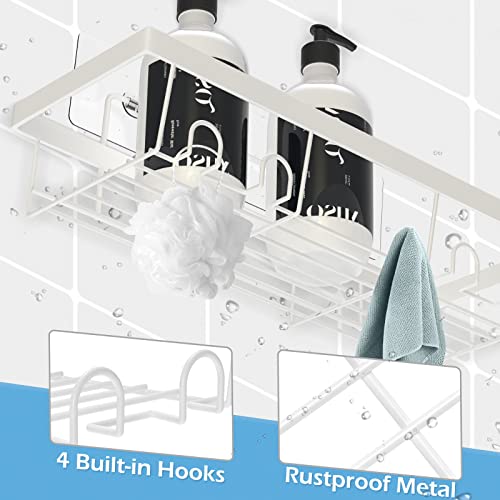 Durmmur 2 Pack Adhesive White Shower Caddy Organizer with Hooks, Rustproof No Drilling Wall Mounted Storage Shelf Rack for Inside Shower/Bathroom/Kitchen