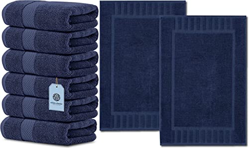 White Classic Luxury Hand Towels | 6 Pack Luxury Bath 2 Pack Bundle (Navy Blue)