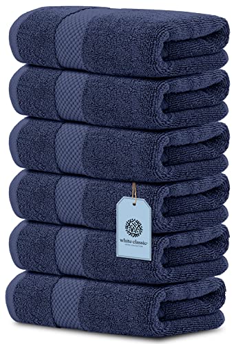 White Classic Luxury Hand Towels | 6 Pack Luxury Bath 2 Pack Bundle (Navy Blue)