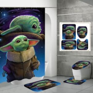 Xjsadxcz 4 Piece Baby Yoda Shower Curtain Sets with Including Square Non-Slip Floor Mat, U-Shaped Mat, Toilet lid Cover Mat, and Shower Curtain with ，72"x72"