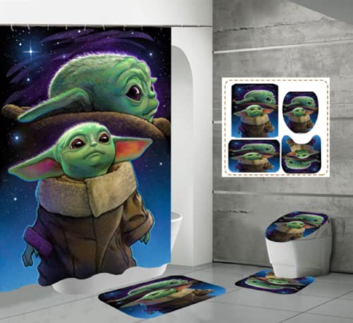 Xjsadxcz 4 Piece Baby Yoda Shower Curtain Sets with Including Square Non-Slip Floor Mat, U-Shaped Mat, Toilet lid Cover Mat, and Shower Curtain with ，72"x72"