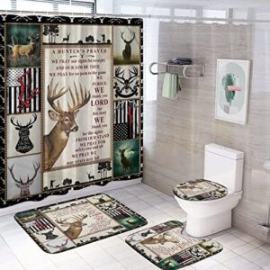 deer hunting bathroom 4 sets shower curtain decor with rugs, toilet lid cover and bath mat,12 hooks