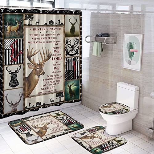 Deer Hunting Bathroom 4 Sets Shower Curtain Decor with Rugs, Toilet Lid Cover and Bath Mat,12 Hooks