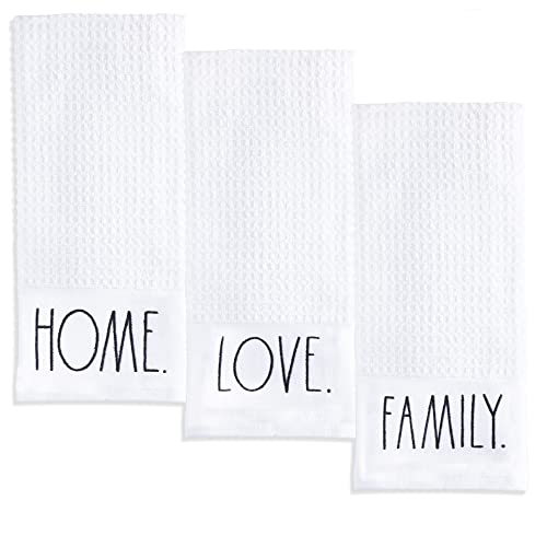 Rae Dunn Set of 3 Hand Towels for Kitchen and Bathroom, 100% Cotton, Embroidered White Dish Towels Embroidered Family, Home, Love 16 inches x 26 inches Decorative Hand Towels