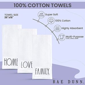 Rae Dunn Set of 3 Hand Towels for Kitchen and Bathroom, 100% Cotton, Embroidered White Dish Towels Embroidered Family, Home, Love 16 inches x 26 inches Decorative Hand Towels