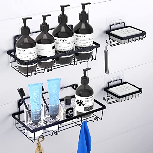 4-Pack Shower Caddy Shelf with Soap Holder, No Drilling Traceless Adhesive Shower Wall Shelves with Hooks, Rustproof Bathroom Shower Storage Organizer