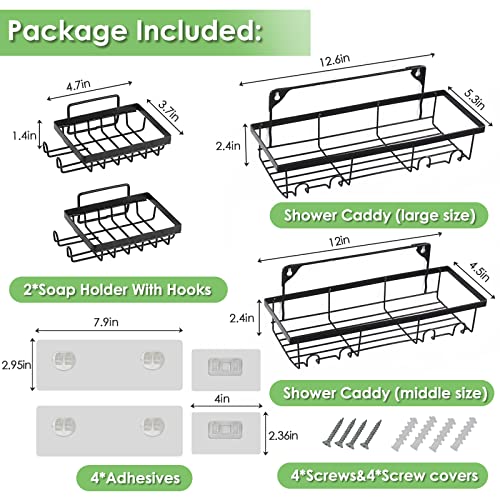 4-Pack Shower Caddy Shelf with Soap Holder, No Drilling Traceless Adhesive Shower Wall Shelves with Hooks, Rustproof Bathroom Shower Storage Organizer