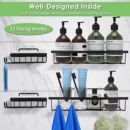 4-Pack Shower Caddy Shelf with Soap Holder, No Drilling Traceless Adhesive Shower Wall Shelves with Hooks, Rustproof Bathroom Shower Storage Organizer