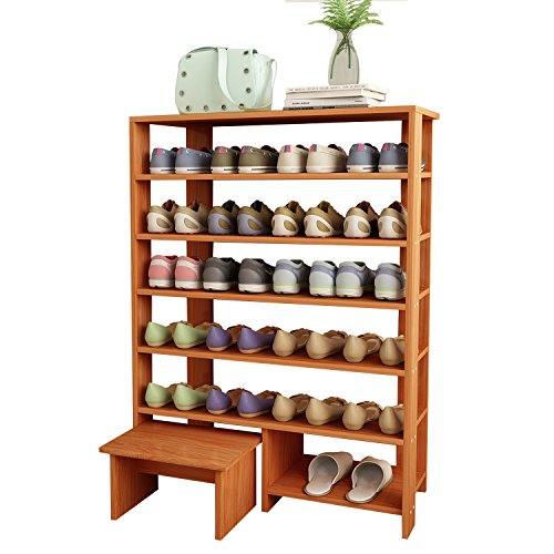 Jerry & Maggie - 6 Tier Wood MDF Solid Shelf Shoe Rack With One Footstool / Shoe Storage Shelves Free Standing Flat Shoe Racks Classic Style -100% Multi function shelf organizer - Natural Wood Tone