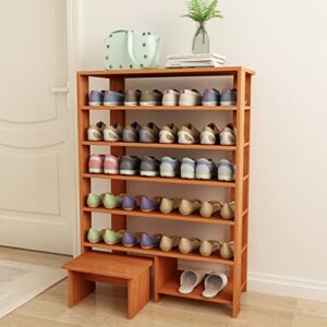 Jerry & Maggie - 6 Tier Wood MDF Solid Shelf Shoe Rack With One Footstool / Shoe Storage Shelves Free Standing Flat Shoe Racks Classic Style -100% Multi function shelf organizer - Natural Wood Tone