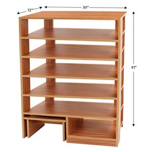 Jerry & Maggie - 6 Tier Wood MDF Solid Shelf Shoe Rack With One Footstool / Shoe Storage Shelves Free Standing Flat Shoe Racks Classic Style -100% Multi function shelf organizer - Natural Wood Tone