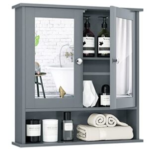 tangkula bathroom cabinet wall mounted with double mirror doors, wood hanging cabinet with doors and shelves, bathroom wall mirror cabinet (gray)