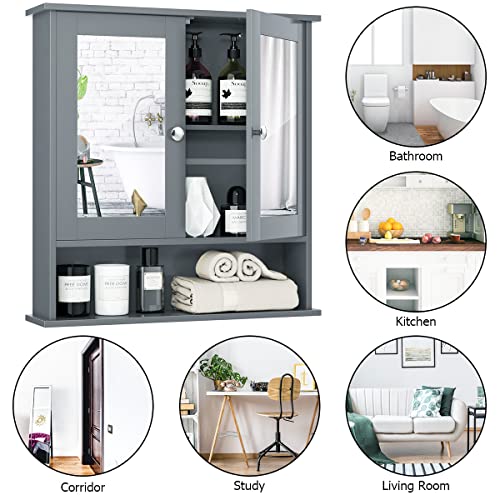 Tangkula Bathroom Cabinet Wall Mounted with Double Mirror Doors, Wood Hanging Cabinet with Doors and Shelves, Bathroom Wall Mirror Cabinet (Gray)