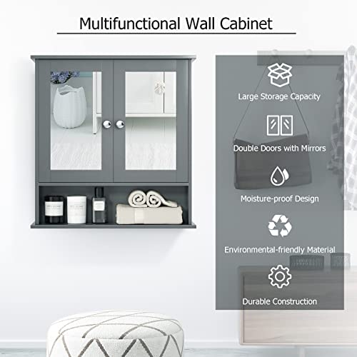 Tangkula Bathroom Cabinet Wall Mounted with Double Mirror Doors, Wood Hanging Cabinet with Doors and Shelves, Bathroom Wall Mirror Cabinet (Gray)