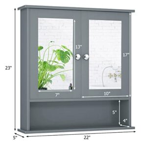 Tangkula Bathroom Cabinet Wall Mounted with Double Mirror Doors, Wood Hanging Cabinet with Doors and Shelves, Bathroom Wall Mirror Cabinet (Gray)