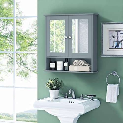 Tangkula Bathroom Cabinet Wall Mounted with Double Mirror Doors, Wood Hanging Cabinet with Doors and Shelves, Bathroom Wall Mirror Cabinet (Gray)