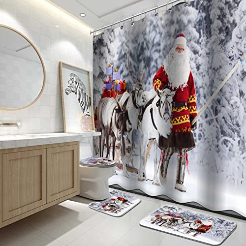 CALARVUK 4PC Winter Bathroom Sets with Shower Curtain and Rugs,Santa Claus Snowflake Deer Shower Curtain Set with Non-Slip Rugs, Toilet Lid Cover and Bath Mat, Holiday Bathroom Decoration Set