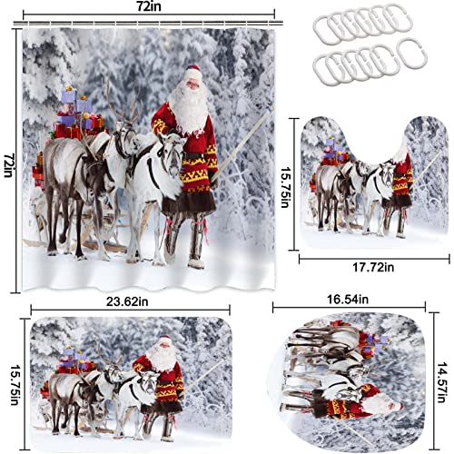 CALARVUK 4PC Winter Bathroom Sets with Shower Curtain and Rugs,Santa Claus Snowflake Deer Shower Curtain Set with Non-Slip Rugs, Toilet Lid Cover and Bath Mat, Holiday Bathroom Decoration Set