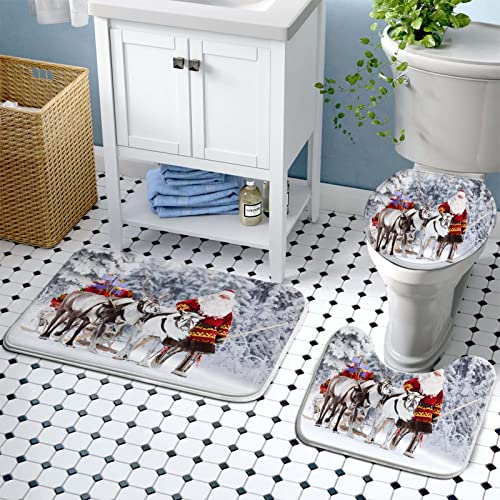 CALARVUK 4PC Winter Bathroom Sets with Shower Curtain and Rugs,Santa Claus Snowflake Deer Shower Curtain Set with Non-Slip Rugs, Toilet Lid Cover and Bath Mat, Holiday Bathroom Decoration Set
