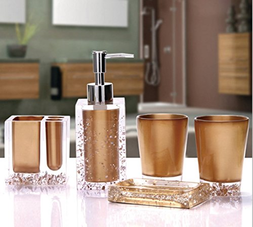 AMSS 5 Piece Stunning Bathroom Accessories Set in Crystal Like Acrylic Tumbler Dispenser Soap Dish Cups,Gold