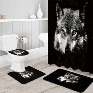 familydecor 4 piece bathroom set, black wolf shower curtain and bath mat set with non-slip rugs, toilet lid cover modern waterproof shower curtain set 72x72 inch