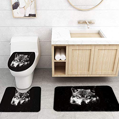 FAMILYDECOR 4 Piece Bathroom Set, Black Wolf Shower Curtain and Bath Mat Set with Non-Slip Rugs, Toilet Lid Cover Modern Waterproof Shower Curtain Set 72x72 Inch