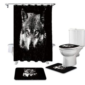 FAMILYDECOR 4 Piece Bathroom Set, Black Wolf Shower Curtain and Bath Mat Set with Non-Slip Rugs, Toilet Lid Cover Modern Waterproof Shower Curtain Set 72x72 Inch