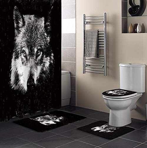 FAMILYDECOR 4 Piece Bathroom Set, Black Wolf Shower Curtain and Bath Mat Set with Non-Slip Rugs, Toilet Lid Cover Modern Waterproof Shower Curtain Set 72x72 Inch