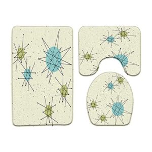 3 piece mid century modern bath mat sets vintage iconic atomic starbursts geometric shapes retro 1950s bathroom doormat rugs, toilet seat cover, u-shaped and floor mat