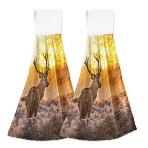 yyzzh red deer antler in morning sun woodland kitchen hand towels with hook & loop set of 2 absorbent bath hand towel hanging tie towel