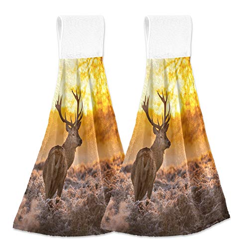 YYZZH Red Deer Antler in Morning Sun Woodland Kitchen Hand Towels with Hook & Loop Set of 2 Absorbent Bath Hand Towel Hanging Tie Towel