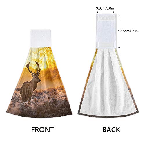 YYZZH Red Deer Antler in Morning Sun Woodland Kitchen Hand Towels with Hook & Loop Set of 2 Absorbent Bath Hand Towel Hanging Tie Towel