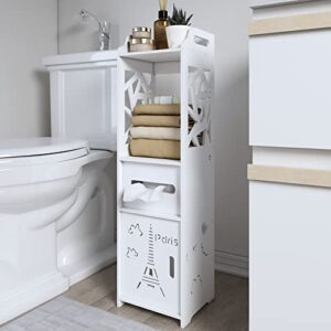 spakoo bathroom cabinet toilet paper tall storage, 4 tier corner shelf with open room and door, decorated holder storage cabinet for tissue roll paper, narrow stand organizer