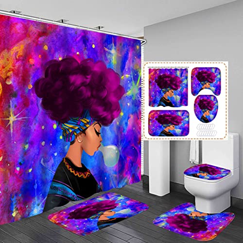 African American Shower Curtains for Bathroom, Black Girl Bathroom Sets with Shower Curtain and Rugs and Accessories, 4Pcs Colorful Bathroom Decor Sets (Violet)