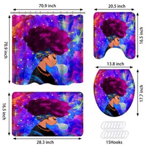 African American Shower Curtains for Bathroom, Black Girl Bathroom Sets with Shower Curtain and Rugs and Accessories, 4Pcs Colorful Bathroom Decor Sets (Violet)