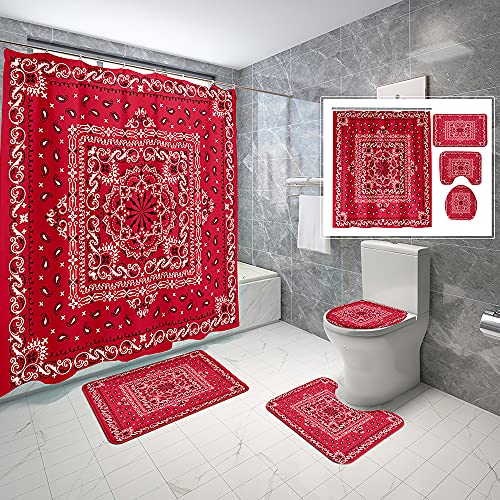 NW 4 Piece Red Shower Curtain 4 Pieces Sets,Waterproof Fabric Bathroom Sets with Non-Slip Rugs,Toilet Lid Cover and Bath Mat,Waterproof and Durable Shower Curtain with Standard Size