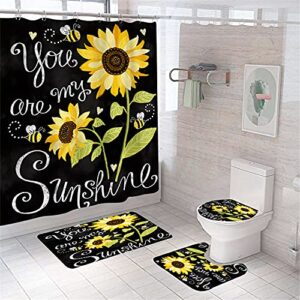 Sunflower 4PCS Shower Curtain Sets with Non-Slip Rugs, Toilet Lid Cover and Bath Mat, Durable Waterproof Shower Curtains with 12 Hooks (Sunflower2p)