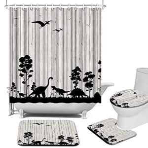 atgowac 4 pieces dinosaur shower curtain sets with rugs, jurassic dinosaurs silhouette with grey wood texture background shower curtain dinosaur bath mat kids bathroom decor sets