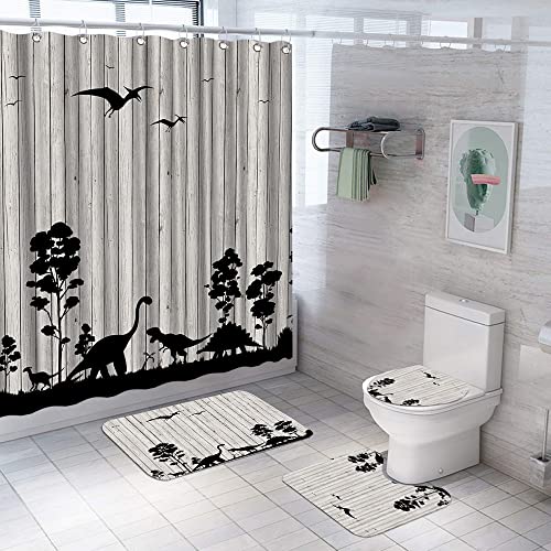 AtGoWac 4 Pieces Dinosaur Shower Curtain Sets with Rugs, Jurassic Dinosaurs Silhouette with Grey Wood Texture Background Shower Curtain Dinosaur Bath Mat Kids Bathroom Decor Sets