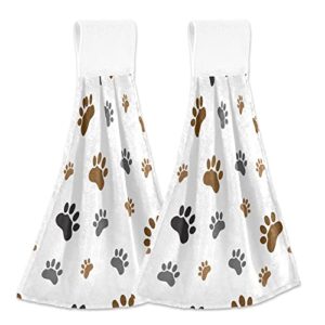 alaza animal paw dog footprint hanging kitchen towel 2 pack,soft quick drying coral velvet hand towels with loop for bathroom kitchen washcloth absorbent tie towel