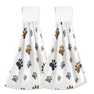 ALAZA Animal Paw Dog Footprint Hanging Kitchen Towel 2 Pack,Soft Quick Drying Coral Velvet Hand Towels with Loop for Bathroom Kitchen Washcloth Absorbent Tie Towel