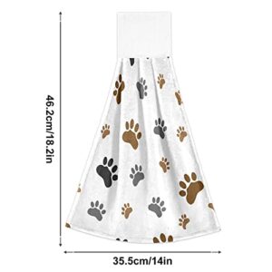 ALAZA Animal Paw Dog Footprint Hanging Kitchen Towel 2 Pack,Soft Quick Drying Coral Velvet Hand Towels with Loop for Bathroom Kitchen Washcloth Absorbent Tie Towel