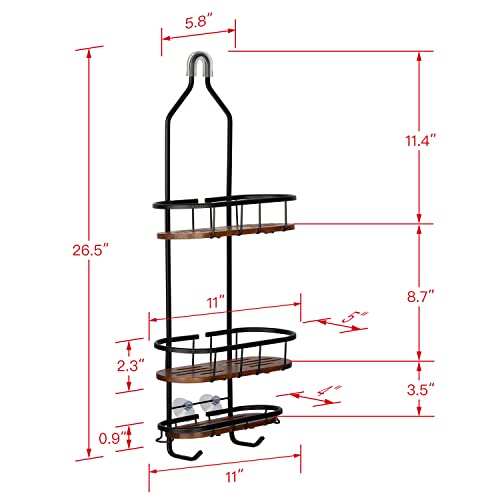 Utopia Alley Tia Rustproof Teak Overhead Shower Caddy with 3 Shelves - Decorative Shower Rack for Shampoo & Toiletries Storage, Hanging Shower Head Organizer - Black Finish