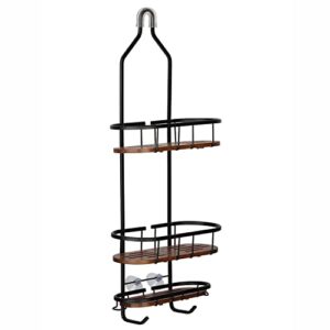 Utopia Alley Tia Rustproof Teak Overhead Shower Caddy with 3 Shelves - Decorative Shower Rack for Shampoo & Toiletries Storage, Hanging Shower Head Organizer - Black Finish