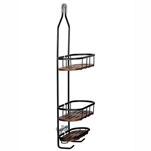 Utopia Alley Tia Rustproof Teak Overhead Shower Caddy with 3 Shelves - Decorative Shower Rack for Shampoo & Toiletries Storage, Hanging Shower Head Organizer - Black Finish