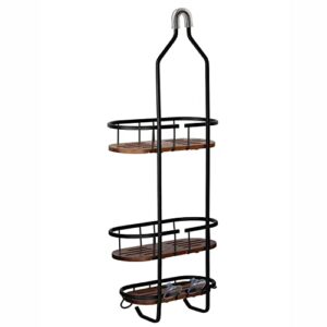 Utopia Alley Tia Rustproof Teak Overhead Shower Caddy with 3 Shelves - Decorative Shower Rack for Shampoo & Toiletries Storage, Hanging Shower Head Organizer - Black Finish