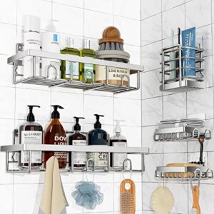 bunoxea shower caddy, 5-pack shower shelves,adhesive shower organizer shelves,large capacity,rustproof shower caddy basket shelf,shower shelf for bathroom & kitchen storage,silver