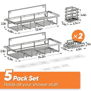 Bunoxea Shower Caddy, 5-Pack Shower Shelves,Adhesive Shower Organizer Shelves,Large Capacity,Rustproof Shower Caddy Basket Shelf,Shower Shelf for Bathroom & Kitchen Storage,Silver